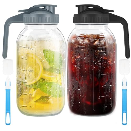 2 PCS 64 oz Glass Pitcher With Lid, 2 Quart Breast Milk Jug With Flip Cap Leak Proof, Mason Jar, Great for Iced Tea, Cold Brew Coffee, Fridge Water, Ice Drinks Storage Container (2)