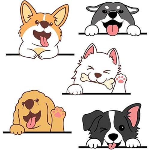 5 Multicolor Cartoon Smiling Puppies Dog Wall Stickers, Reusable PVC Decals for Walls, Tables, Glass