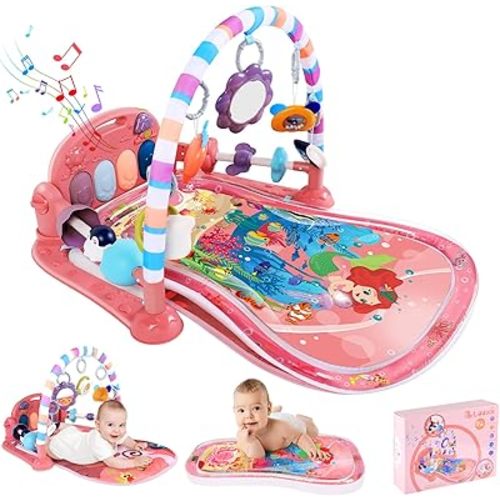 Looxii 2 in 1 Baby Play Gym with Tummy Time Water Play Mat, Kick and Play Piano Gym with Sound and Lights for Newborn, Floor Activity Gym with Hanging Toys 0 3 6 12 Months Girl & Boy