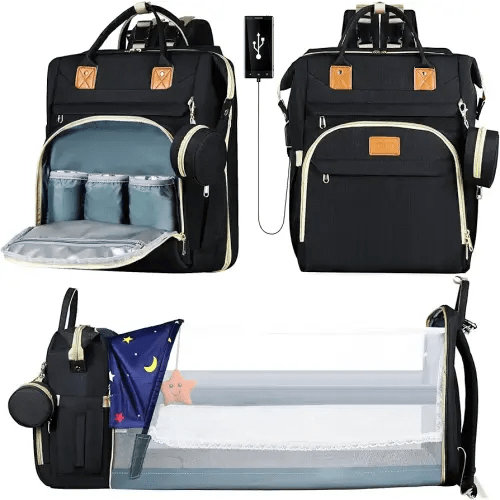 Diaper Bag Backpack for Mom and Dad, Large Capacity Baby Travel Bag with USB Charging Port, Waterproof Foldable Baby Bag for Boys and Girls, Stylish Maternity Backpack for Travel & Hospital,Black