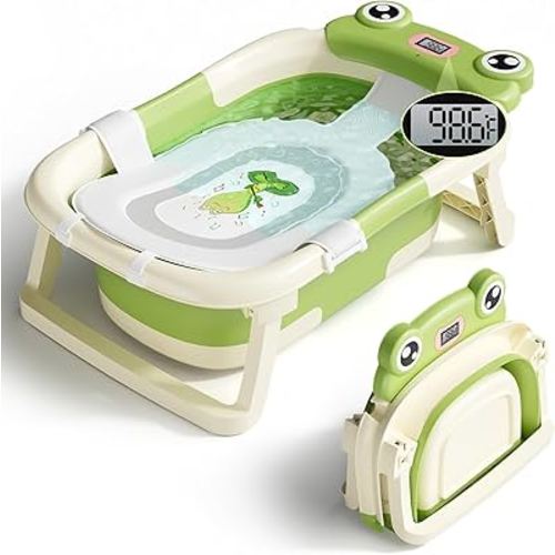 Baby Bathtub, Collapsible Newborn Bathtub for Infant to Toddler 0-24 Months with Soft Cushion and Thermometer,Portable Travel Newborn Tub with No-Slip Feet, Baby Shower Gifts,Green