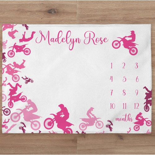 Dirt Bike Milestone Blanket Personalized Baby Girl Month Blanket Motocross Nursery Custom Newborn Calendar Tracker New Mom Baby Shower Gift