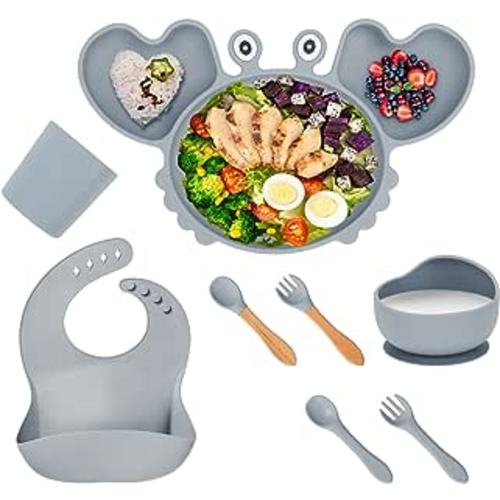 Amazon.com: Baby Led Weaning Set 8pcs -Silicone Baby Feeding Set-Baby Plate and Bowl with Suction Sticks to Table/Highchairs Tray,Toddler Self Eating Utensils Dish Set with Bibs Spoon Fork (Grey) : Baby