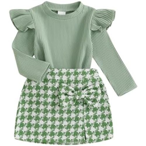 Toddler Baby Girl Skirt Set Knitted Ribbed Ruffle Long Sleeve T-Shirt Tops Plaid Skirt Fall Winter Clothes Outfits