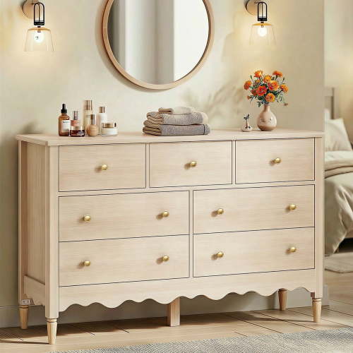 Homieasy 7 Drawer Dresser, Modern Wooden Chest of Drawers for Closet, Bedroom, Beige Oak
