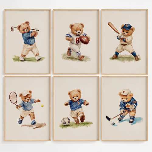 Vintage Teddy Bear Sports Nursery Wall Art Set of 6 Printable Illustrations for Kids Room, Baby Boy Shower Gift, Sports Themed Child Decor
