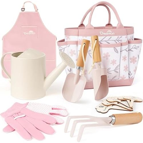 Dreamon Gardening Set Toys for Kids, Quality Garden Tool Kit Includes Tote Bag, Apron, Gloves, Shovel, Rake, Cultivator, Watering Can, STEM Learning Outdoor Gifts for Kids Toddlers (Pink)