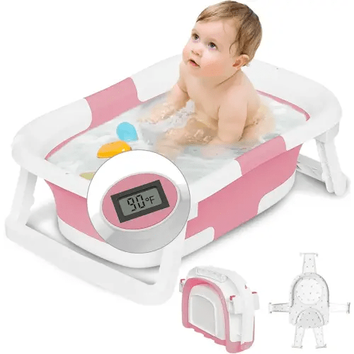 Collapsible Baby Bathtub,Baby Bath Tub with Soft Cushion & Thermometer,Baby Bathtub Newborn to Toddler 0-36 Months,Portable Travel Baby Tub