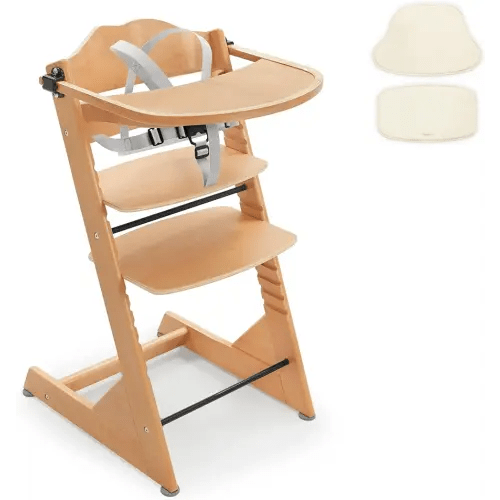 Convertible Wooden High Chair for Babies and Toddlers - Baby Feeding Chair& Toddler Dining Chair with Removable Tray, Cushion and Harness, Natural Color