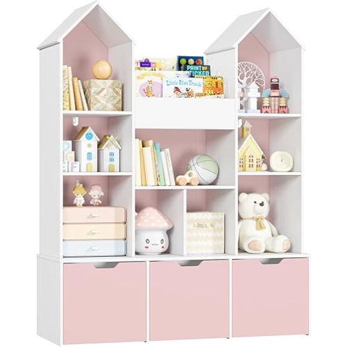 Toy Storage Organizer with Castle Roof, Large Kids Bookshelf Dollhouse with 3 Movable Drawers and 9 Storage Cubbies, Toy Organizers with 3-Tier Book Rack for Playroom, White and Pink