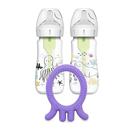 Dr. Brown’s Natural Flow® Anti-Colic Options+™ Wide-Neck Baby Bottle, Ocean Design, 9 oz/270 mL, Level 1 Nipple, 2-Pack, 0m+ with Flexees Friends Silicone Teether, Purple Octopus
