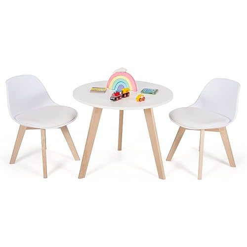 Costzon Kids Table and Chair Set, 3 PCS Wood Activity Play Table w/Padded Seat & Wood Legs for Arts, Crafts, Reading, Preschool, Kindergarten, Playroom, Mid Century Modern Toddler Table and Chairs
