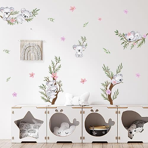 PLIGREAT 20 Pcs Cute Koala Bear Leaves Wall Stickers Removable Vinyl Peel and Stick Wall Decals for Nursery Bedroom Playroom Livinig Room Wall Door Window Decoration Home Indoor DIY Wall Art Decor