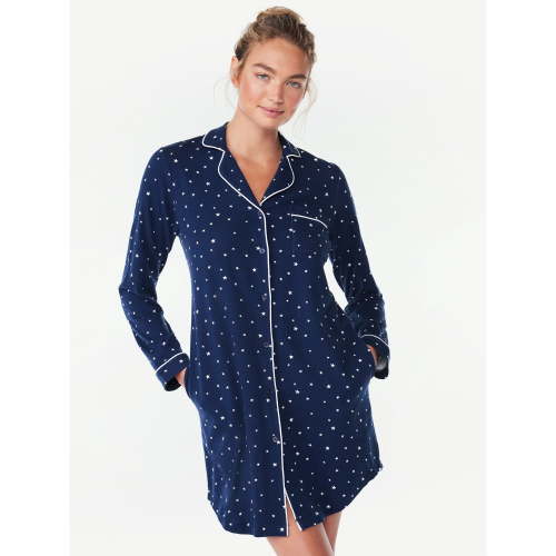 Joyspun Women’s Cotton Blend Long Sleeve Notch Collar Sleepshirt, Sizes S to 4X