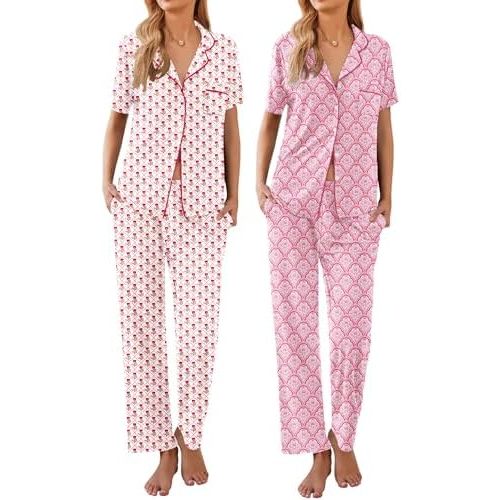 Ekouaer 2 Pack：Womens Pajamas Short Sleeve Pjs Notch Collar Button Up Loungewear Cozy Sleepwear Sets