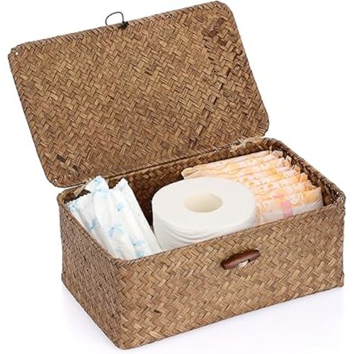 Sumnacon Small Wicker Basket with Lid Rectangle Woven Baskets for Toiletries Tampon Storage,Wicker Storage Basket with Lid,Decorative Seagrass Storage Baskets for Shelf Bathroom Toilet Table,Coffee