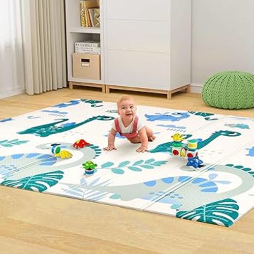 CHILDLIKE BEHAVIOR Baby Floor Play Mat - 6.5ft x 4.4ft - Thick Crawling Floor Foam Mat - Soft Large Play Mat - Non-Toxic and Reversible - Dinosaur Pattern (Blue)