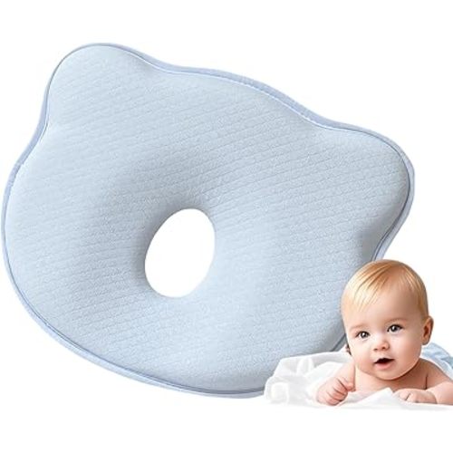 Memory Foam Baby Pillow, Bear Shape Portable Baby Travel Pillow for Little Boys and Girls, Prevent Flat Heads (Light Blue, 9.8 in. X 8 in.)