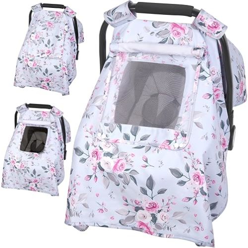 Baby Car Seat Covers, Car Seat Covers for Babies, Kick-Proof Car Seat Covers for Infant Car Seat with 3 Layers Breathable Mesh Peep Windows, Windproof Car Seat Canopy Newborn Gift for 4 Seasons