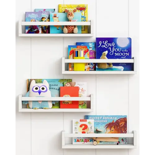Forbena Floating Nursery Book Shelves for Wall Set of 4, White Wall Bookshelf for Kids Room, Small Wood Book Shelf Bookshelves for Baby Teen Boys Girls Bedoom Bathroom Toy and Decor Storage