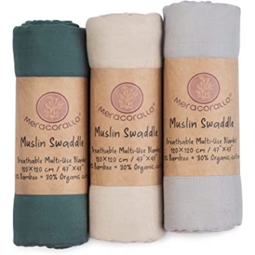 Meracorallo Muslin Swaddle Blanket Silky Soft Receiving Blanket Neutral Swaddle Wrap for Baby Boys and Girls, 30% Cotton + 70% Bamboo, 47 x 47 inches, Set of 3 Solid Color (Green+Beige+Gray)