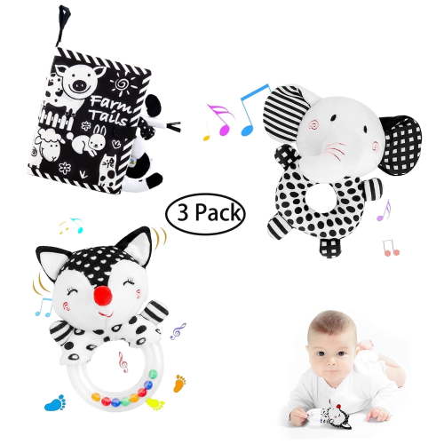 High Contrast Baby Toys 0-6 Months, Plush Rattle & Soft Book Set for Newborns & Infants