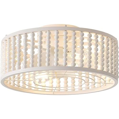 Ceiling Fans with Lights and Remote, Caged Ceiling Fan with Handcrafted Beaded Décor 6 Speeds Reversible 19 inches Bulbs Included for Flush Mount Ceiling, White