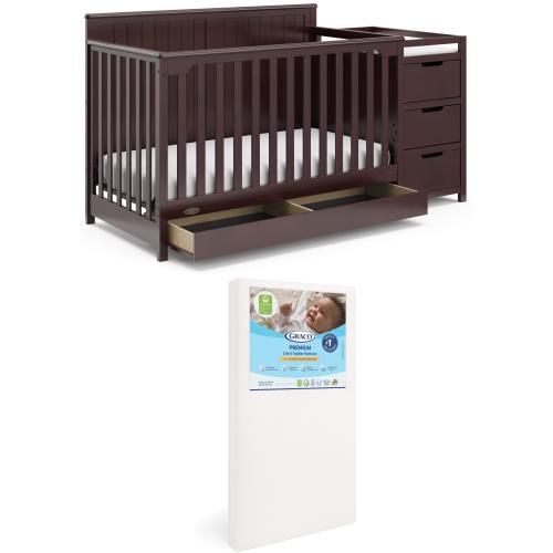 Graco Hadley 5-in-1 Convertible Crib and Changer and Premium Crib & Toddler Mattress Bundle, Espresso