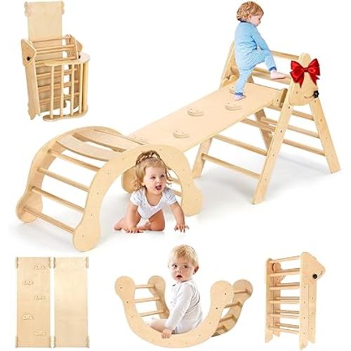 YOLEO 7-in-1 Pikler Triangle Set, Montessori Toddler Climbing Toys Indoor,Easy-Fold Wooden Climbing Toys for Toddlers 1-3 Inside,Fun Pickler climbing Set and Indoor Playground Jungle Gyms for Toddlers