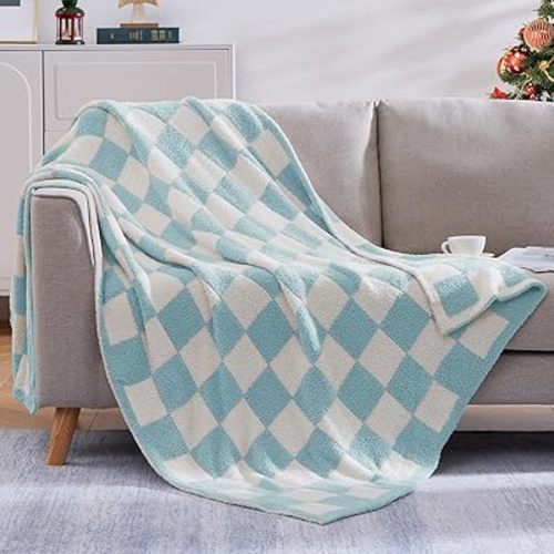 WRENSONGE Checkered Throw Blanket, Sky Blue Soft Cozy Fluffy Warm Hand Made Throw Blankets for Couch, Sofa, Chair, Bed, Camping, Picnic, Travel Lightweight Bed Blanket - 60"*80"