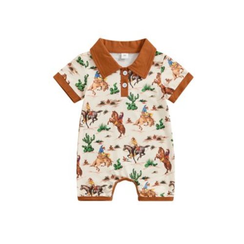 Newborn Baby Boy Western Outfits Tractors Horse Cow Print Cowboy Polo Romper Shorts Jumpsuit Summer One Piece Farm Clothes