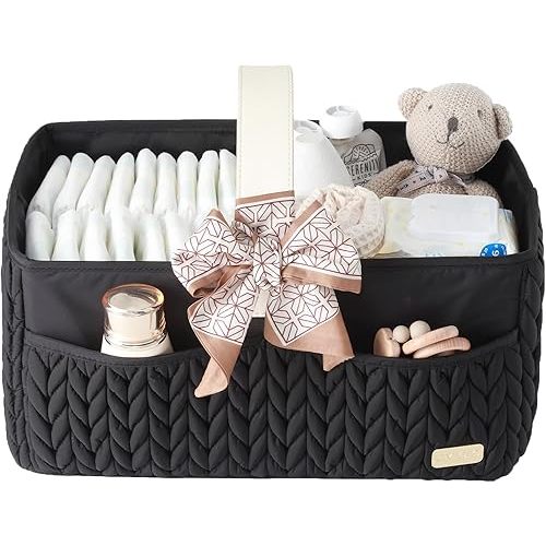 LUKJOJO Luxurious Baby Diaper Caddy, Nursery Storage Basket for Newborn Essentials, Travel Baby Basket for Diapers Baby Wipes, Organizer Tote Bag Storage Bin, Baby Shower Gifts(black)