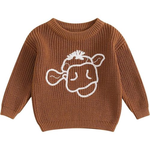 Toddler Boy Girl Western Sweaters Infant Baby Cute Highland Cow Embroidery Jumper Long Sleeve Knitted Pullover Tops
