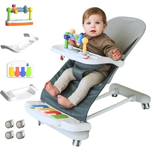 CuddoBaby Baby Bouncer 4-in-1 with Wheels, Detachable Piano, Feeding Tray, Play Bar, Thick Base. 3-Level Incline Portable Seat for Infant to Toddler 0-6, 0-12, 12-24 Months, Upto 29Lbs - Blue
