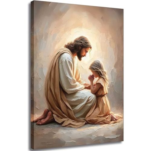 Jesus Praying with Girl Canvas Wall Art Christian Paintings Jesus with Children Wall Decor Religious Bible Story Posters Prints for Living Bedroom Room Church Home Pictures Decoration Framed