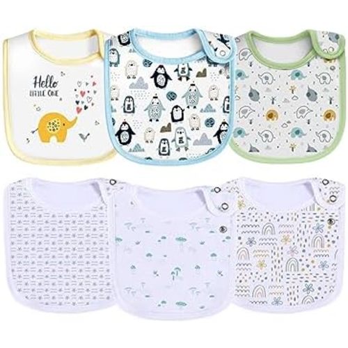 Maiwa 6 Pack Waterproof Cotton Baby Bibs with Snaps for baby boys girls teething drooling and feeding