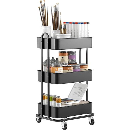 Ceayell 3-Tier Full Metal Utility Rolling Cart for Storage Organizer Cart for Office, Bathroom, Kitchen (Black)