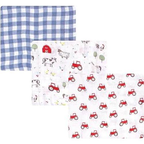Hudson Baby Unisex Baby Cotton Muslin Swaddle Blankets, Boy Farm Animals, 3-Pack