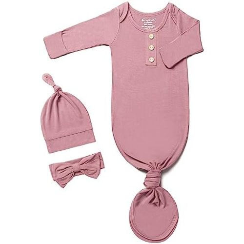 Newborn Baby Knotted Gown, Super Soft Silky Infant Sleeper, Baby Girl Sleep Gown with Mittens, Bow, and Hat Set