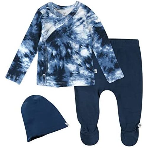 HonestBaby 3-Piece Organic Cotton Kimono Top, Footed Pant & Headband/Beanie Set for Infant Baby Boys, Girls, Unisex