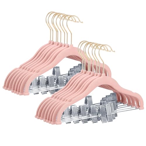 Stormix Baby Hangers, 24 Pack Pants Hangers with Clips, Non-Slip Clothes Hangers, Heavy-Duty Kids Hangers for Shirts, Pants, Skirts, Dresses, Jackets, Coat Pink (Gold Hook)