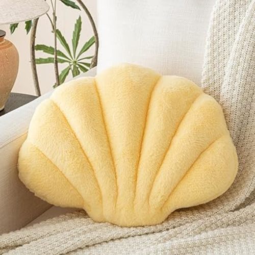 Shell Pillow, Seashell Throw Pillow with Soft Rabbit Plush for Couch Bed, Shell Shaped Decorative Ocean Pillow Stylish Beach Cushion Room Decor Aesthetic for Bedroom Livingroom