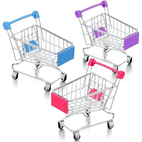 Hotop 3 Pieces Mini Shopping Cart Small Supermarket Cart Metal Shopping Grocery Handcart Mode Utility Trolley Toys for Kids Desk Storage Decor(Rose Red, Purple, Light Blue)