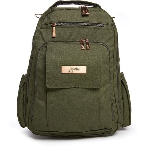 JuJuBe Diaper Bag, Travel Backpack with Portable Changing Pad, Stroller Hooks & Pockets for Baby Bottles, Diapers, Pacifier, Wipes, Snacks, & Daily Essentials, Mommy Carrier, Be Right Back - Olive