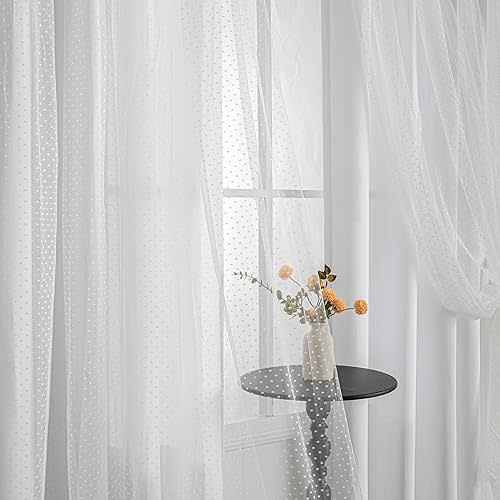 MYSKY HOME White Curtains for Girls Bedroom & Nursery Kids Cute Curtains Double Layer with Polka Dots Sheer, Grommet Tops, 52x84 Inch Each Panel, 2 Panels