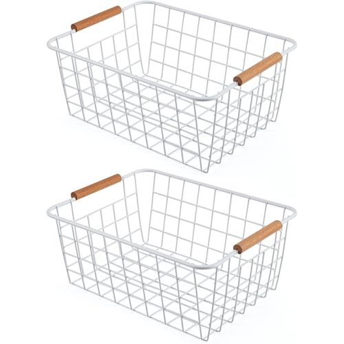 Wire Basket 2 Pcs Wire Storage Baskets Wire Baskets Organizing with Wooden Handles Wire Basket Pantry Organization and Storage Metal Wire Food Storage Basket for Kitchen, Cabinets (White 2PCS)