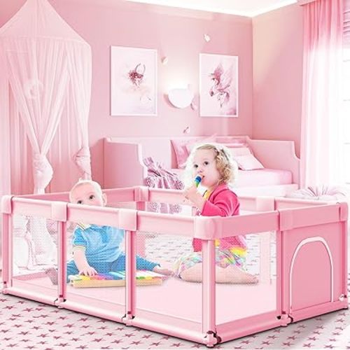 Baby Playpen 74 x 50 Inch Play Pen Playards, Playpen for Babies and Toddlers, Baby Playard for Indoor & Outdoor Active Center Game Fence, Skin-Friendly Fabric and Soft Breathable Mesh, Pink