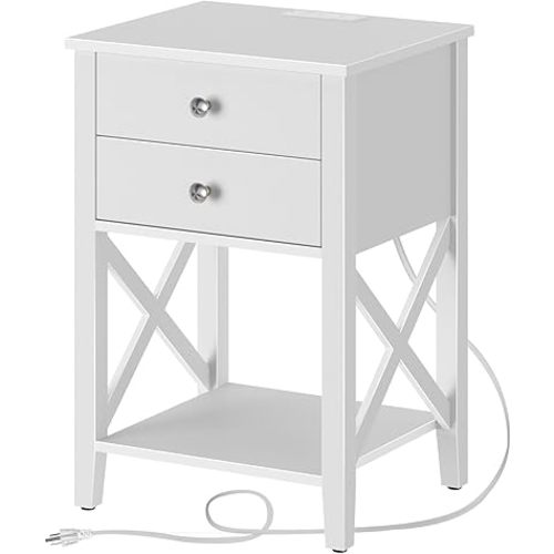 Rolanstar Nightstand with Charging Station, Night Stand with 2 Drawers, 2 AC and USB Power Outlets, Accent Bed Side Table with Storage Shelf for Bedroom, White