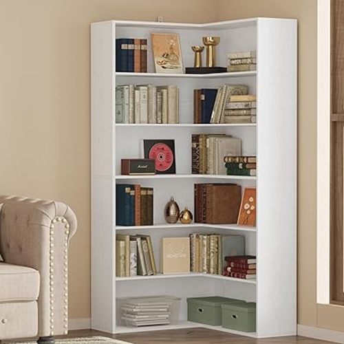 ANCTOR Corner Bookshelf, 6 Tiers Corner Bookcases with Baffles Etagere Shelf Storage Rack for Living Room Home Office, White