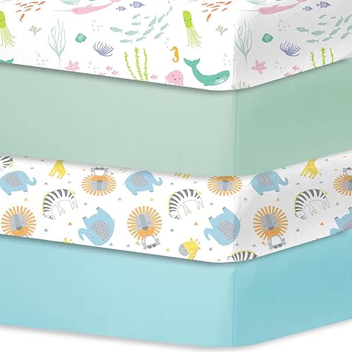 Bimocosy Crib Sheets for Baby Girl Boy, Fitted Sheets for Standard Crib and Toddler Mattresses, Super Soft Breathable Microfiber Crib Mattress Sheet 28"x 52", Ocean World/Woodland Animals/Aqua/Green
